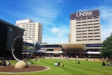 Students sit on grassed area with large building with UNSW sign overlooking