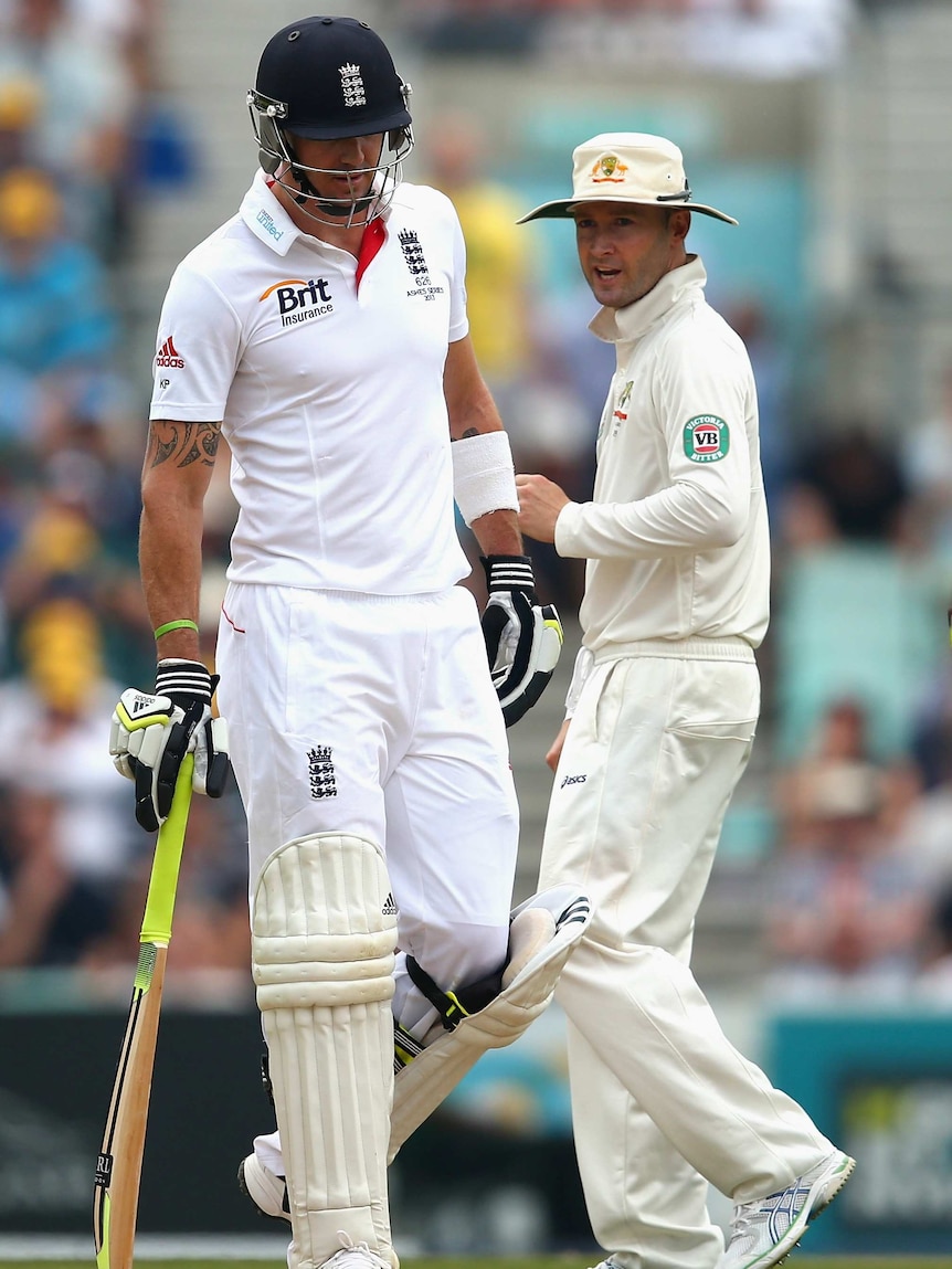 Michael Clarke has words with Kevin Pietersen during day three of the fifth Ashes Test