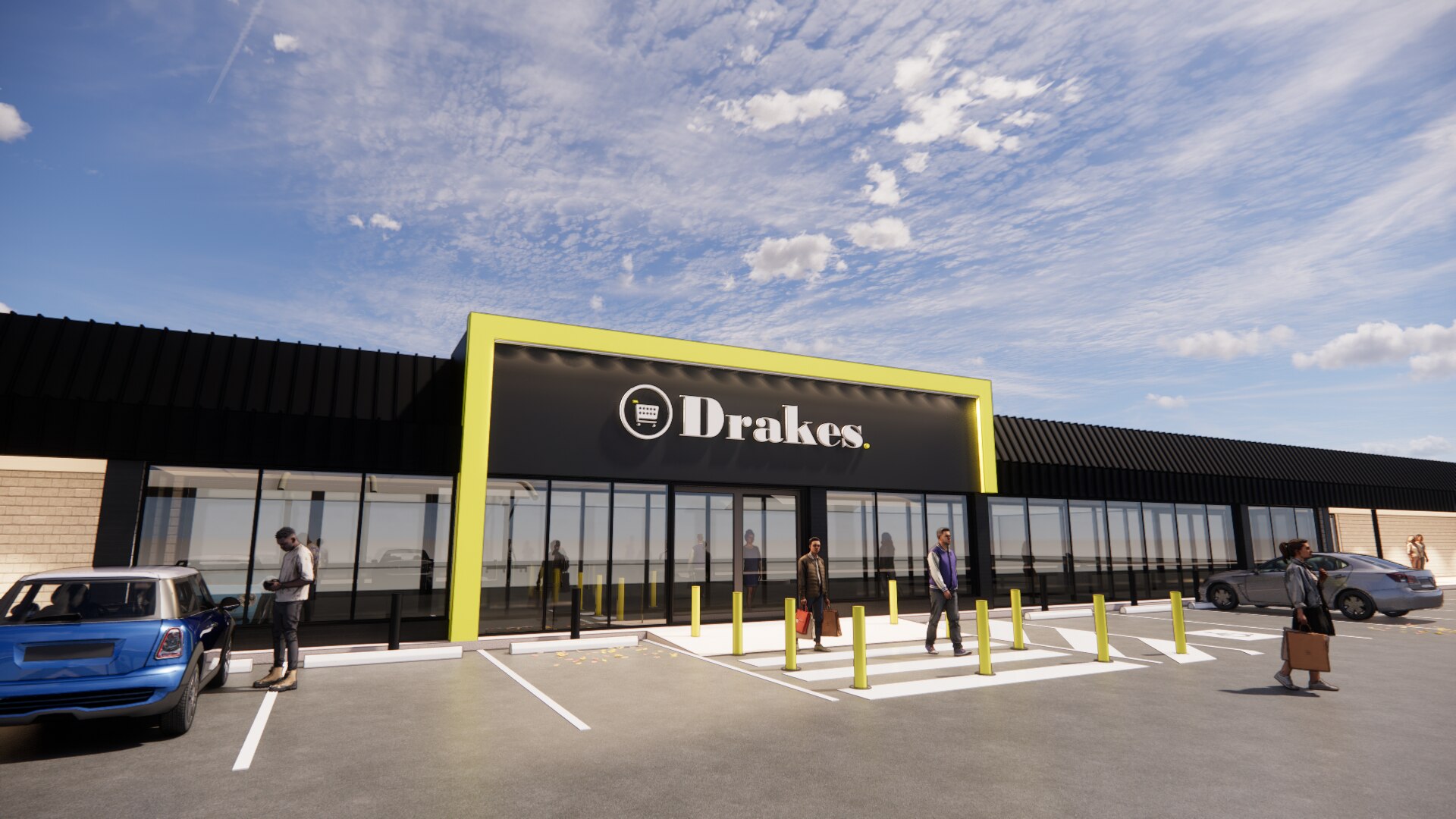 A rendering of a supermarket with a black facade, yellow accents and a white sign reading Drakes, with a carpark in front