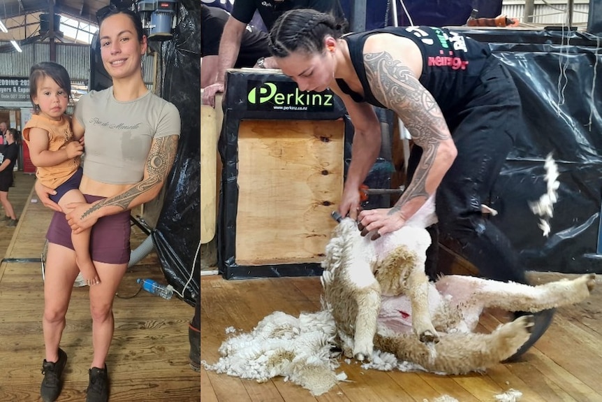 A composite of a young woman holding a toddler girl on her hip, and the same woman sheering a lamb.