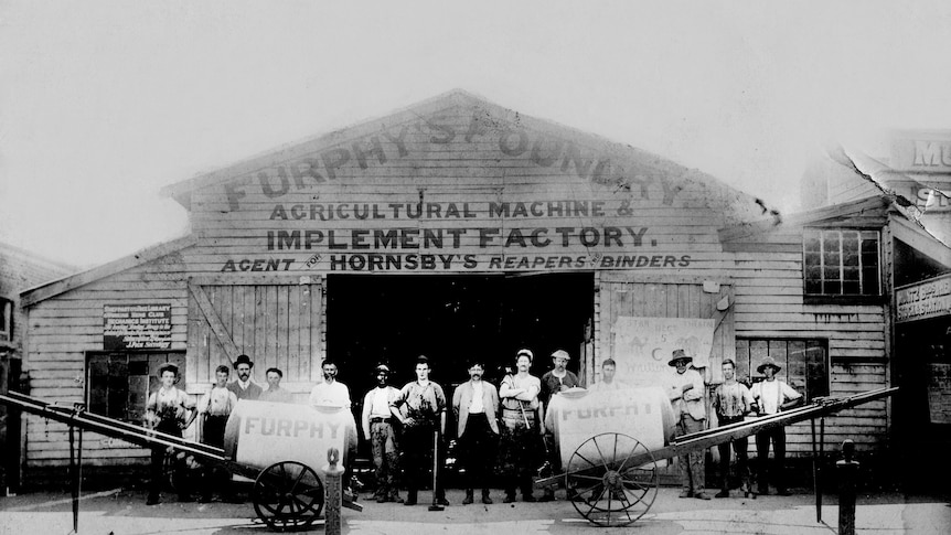 An old black and white picture of the front the the Furphy Foundry in Shepparton 