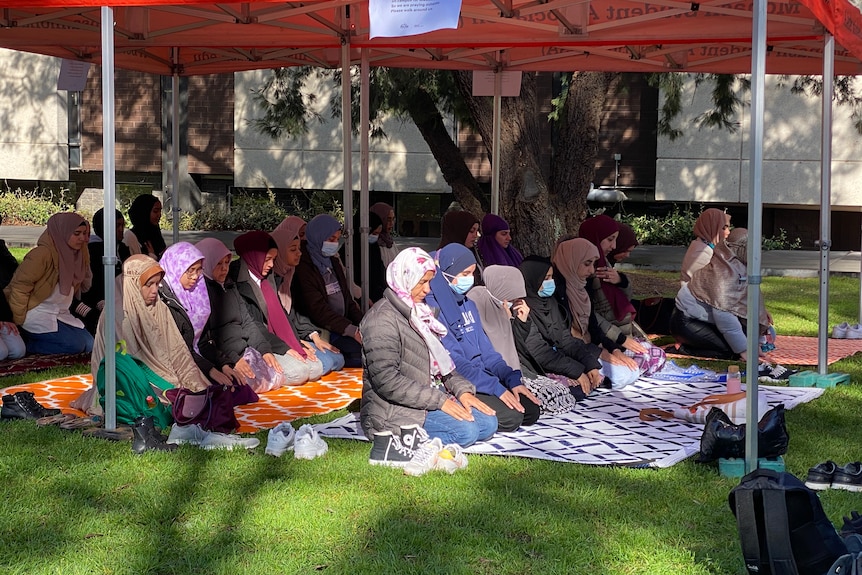A group of Islamic women gathered under a tent on a lawn for midday prayers
