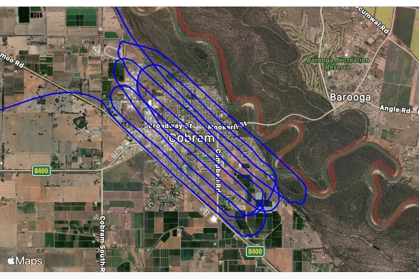 A google map image of pilots flight path over Cobram 