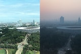 A composite image showing the change in air pollution in Jakarta from November 14, 2018 to June 25, 2019.