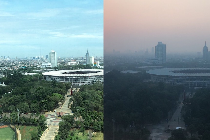 A composite image showing the change in air pollution in Jakarta from November 14, 2018 to June 25, 2019.