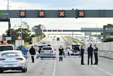 Police officers and forensic investigators stand on a blocked off freeway.