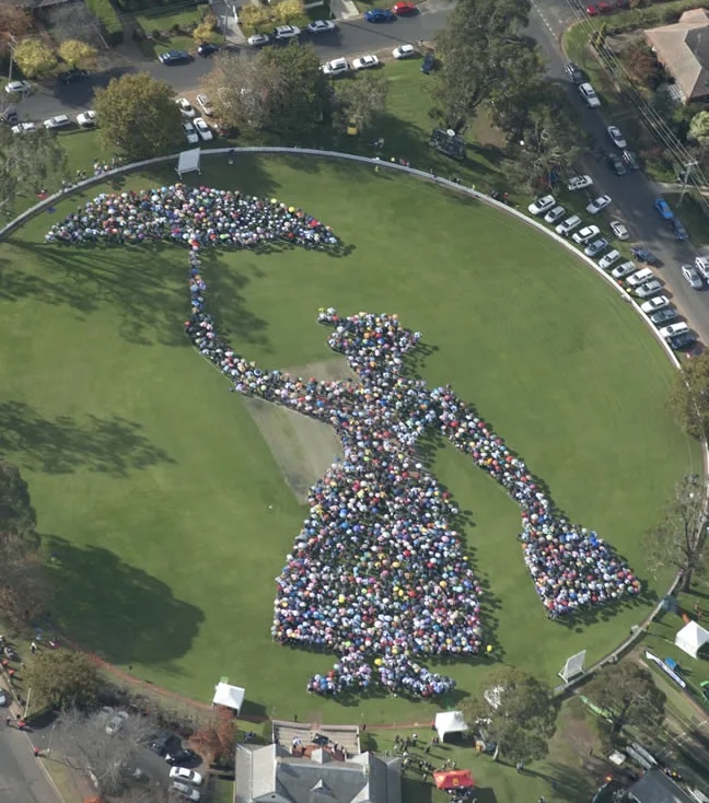 An aerial shot of more than 2,000 raised umbrellas depicting the shape of Mary Poppins.