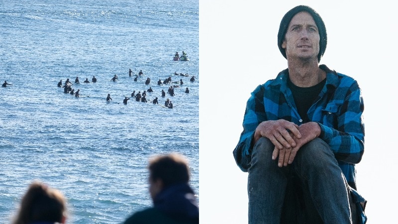 Composite image of surfers at the paddle out and Aaron Beveridge.