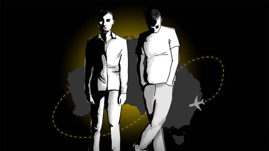 Dark illustration of two men in front of map of Australia. Dotted yellow line looping between legs of men lead by plane.