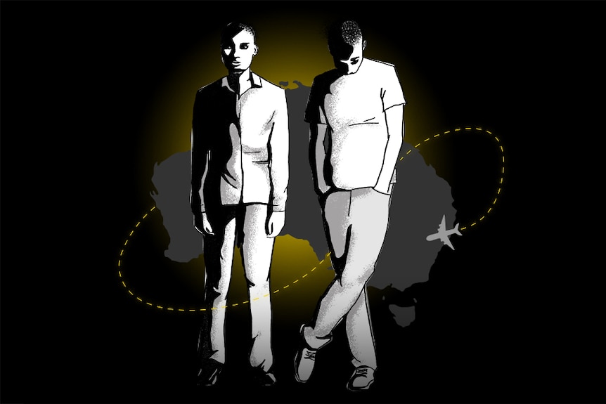 Dark illustration of two men in front of map of Australia. Dotted yellow line looping between legs of men lead by plane.
