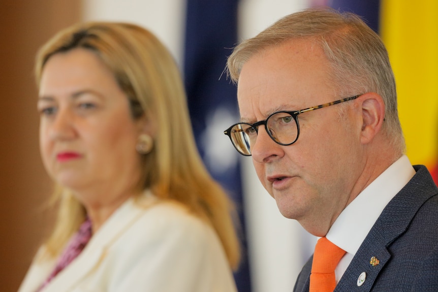 Prime Minister Anthony Albanese with Queensland Premier Annastacia Palaszczuk in the background