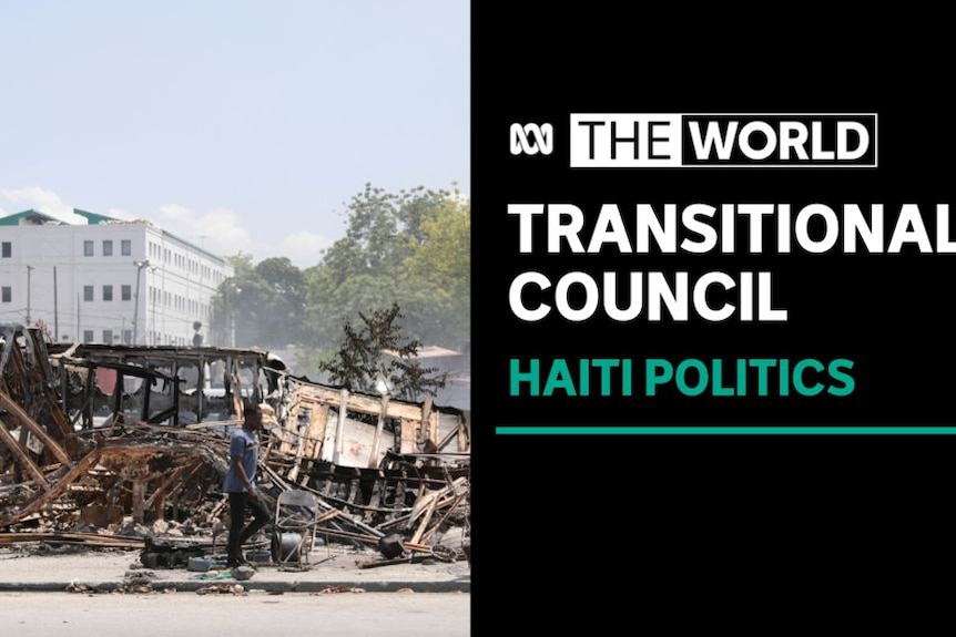 Transitional Council, Haiti Politics: A man walks along a street next to the ruined remains of a building.