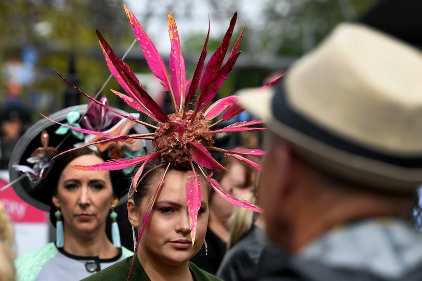 A woman wears a large fascinator of pink feathers.