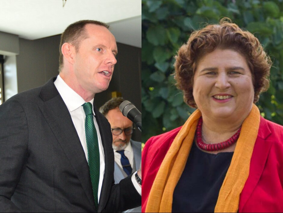 a montage with a man facing side-on and a woman smiling directly at camera