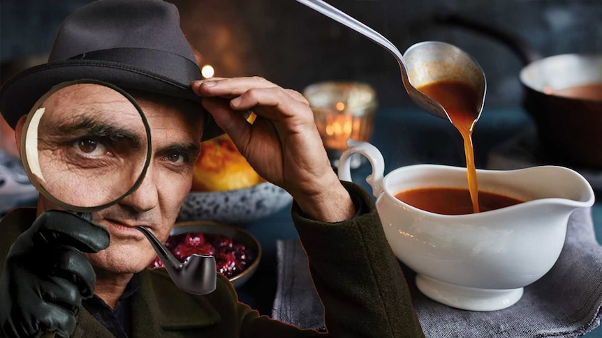 A photoshop of Paul Kelly as a detective in front of some gravy