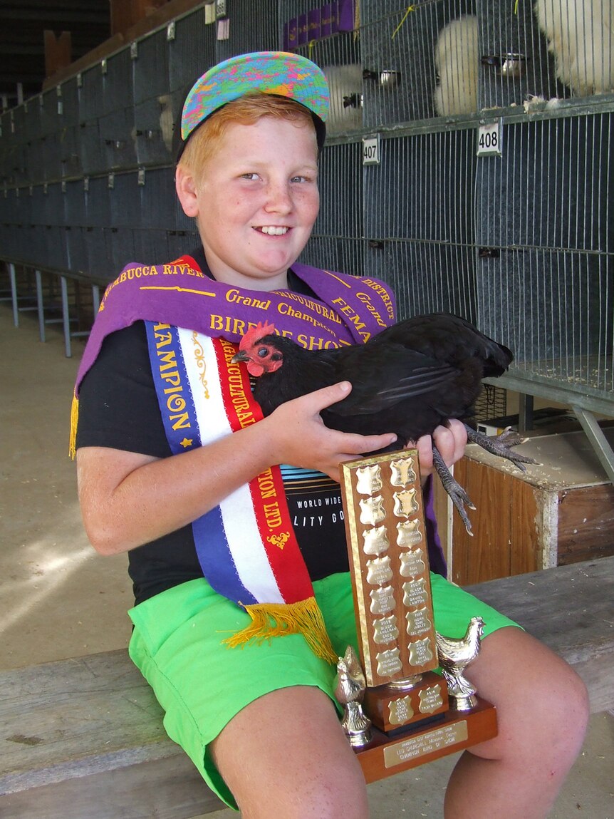 A young boy draped in show ribbons sits holding a black bird and a trophy.