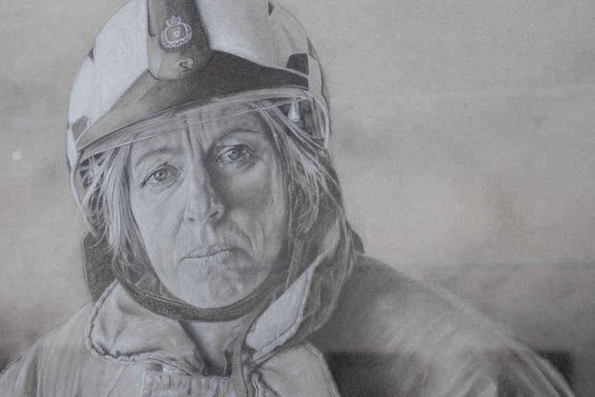 Charcoal drawing of a female firefighter