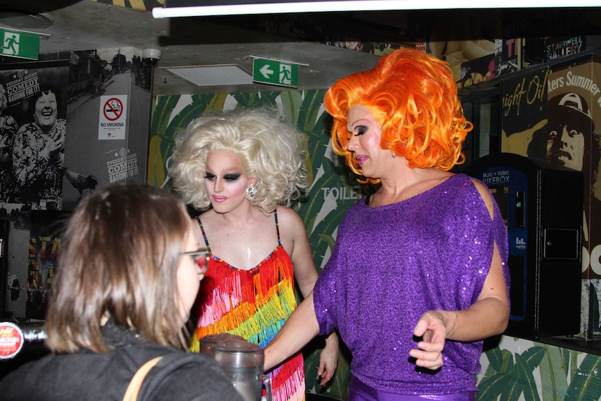 Torah Hymen and Penny Tration host Tranny Bingo in drag.