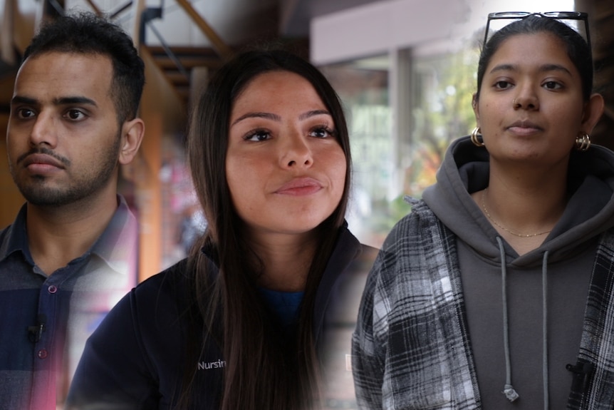 Portraits of three people with contemplative expressions next to each other.