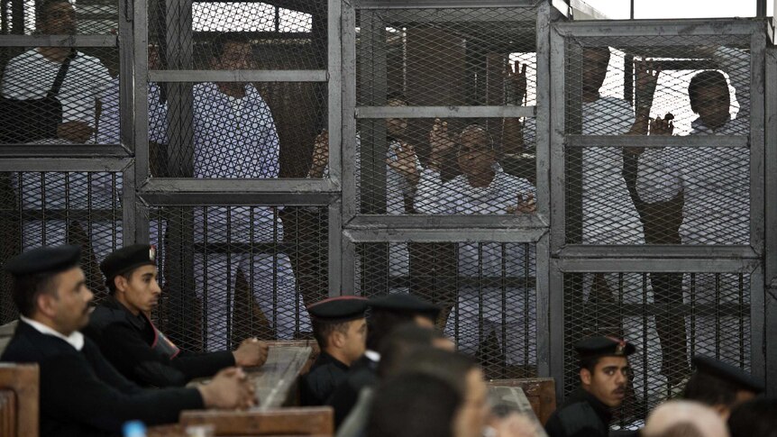 Peter Greste behind bars during Cairo trial