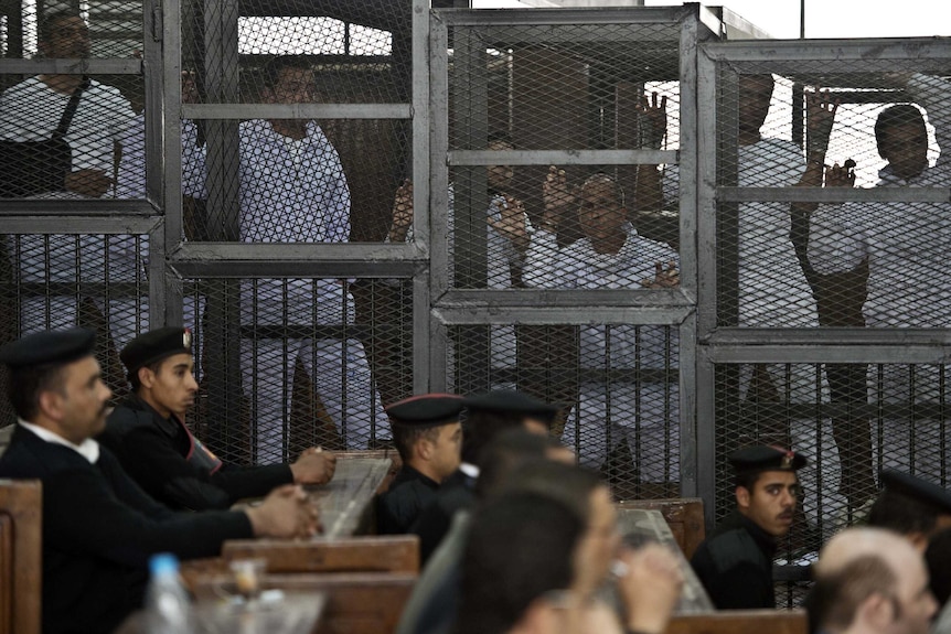 Peter Greste behind bars during Cairo trial