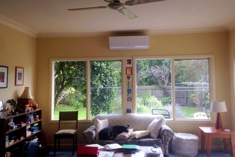 A new airconditioning unit is on Bronwyn's living room wall, above two windows and a couch, on which lies a cute black dog. 