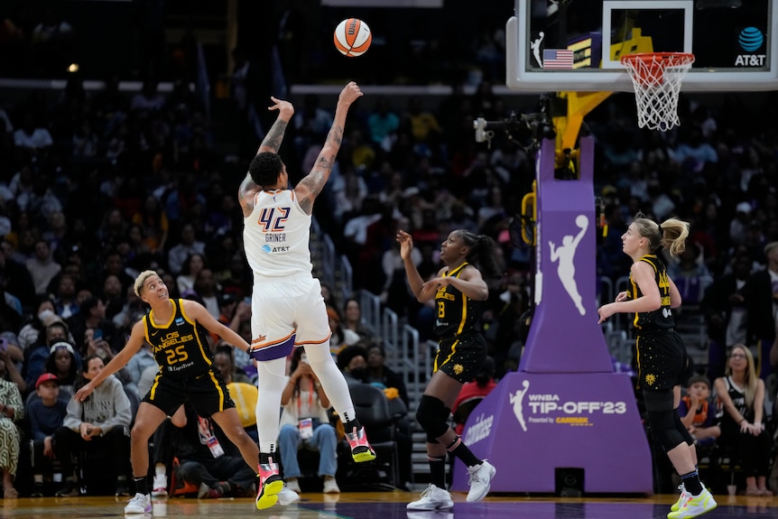 Brittney Griner takes a jump shot in a WNBA game in Los Angeles