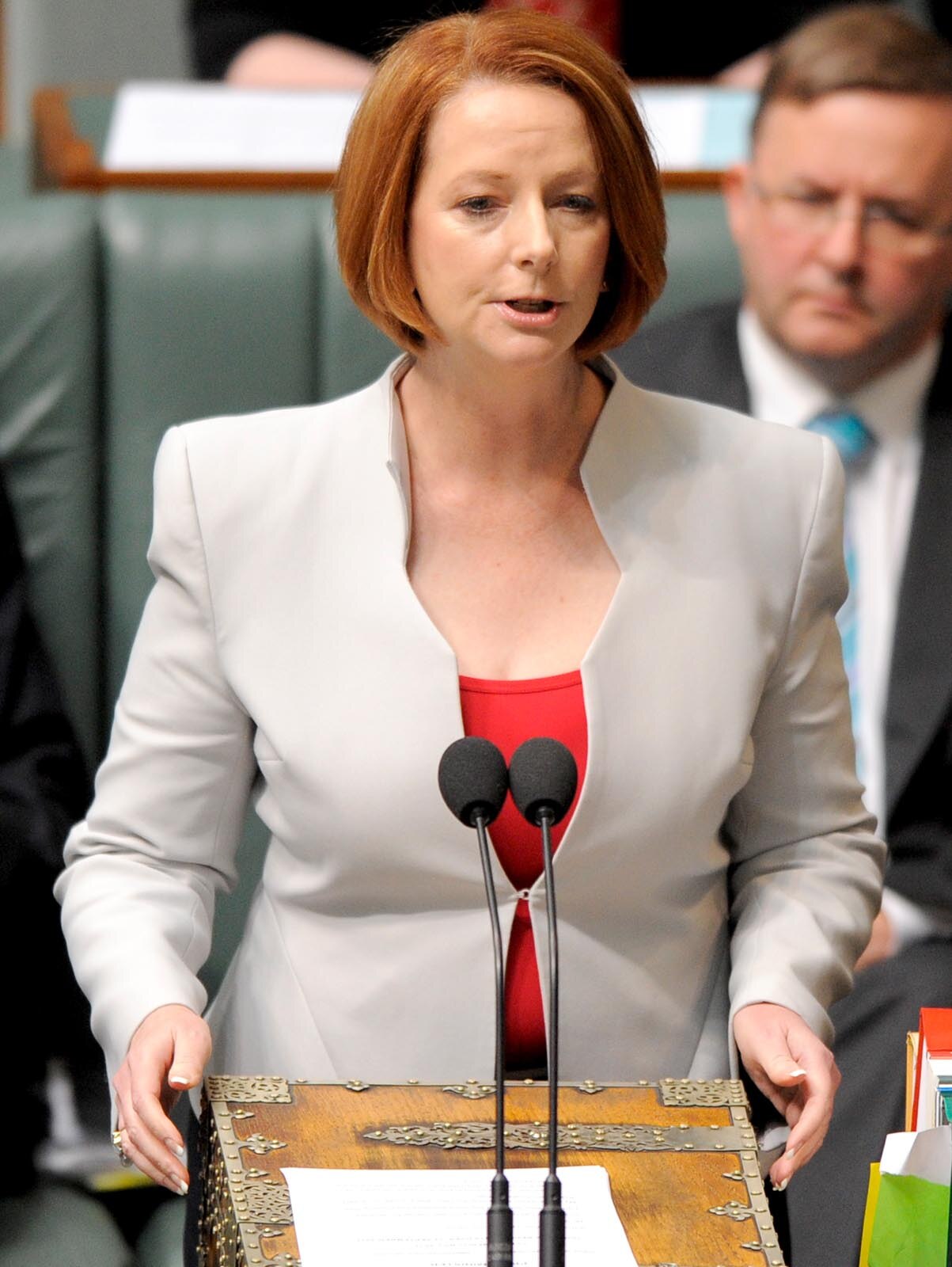 Julia Gillard speaks at the dispatch during the introduction of the Carbon Tax legislation
