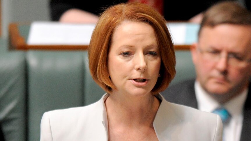 Julia Gillard speaks at the dispatch during the introduction of the Carbon Tax legislation