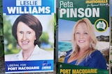 Leslie Williams blue Liberal campaign sign, next to Peta Pinson's Green Nationals campaign sign 