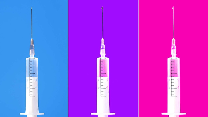 Three syringes on blue purple and pink backgrounds