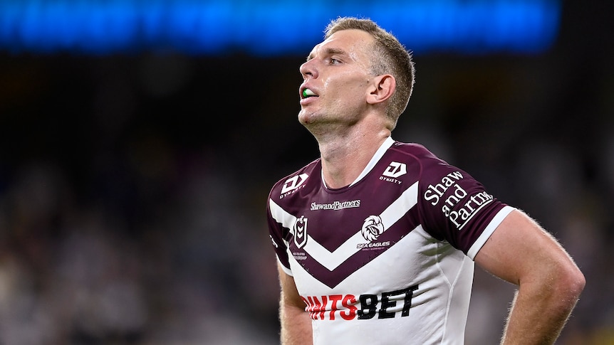 Manly Sea Eagles' Tom Trbojevic looks tired during an NRL game.
