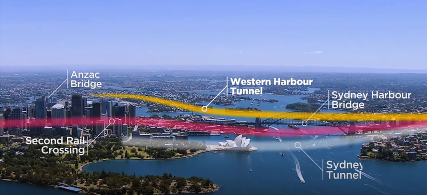 A picture of Sydney Harbour with lines showing where the tunnel will be built