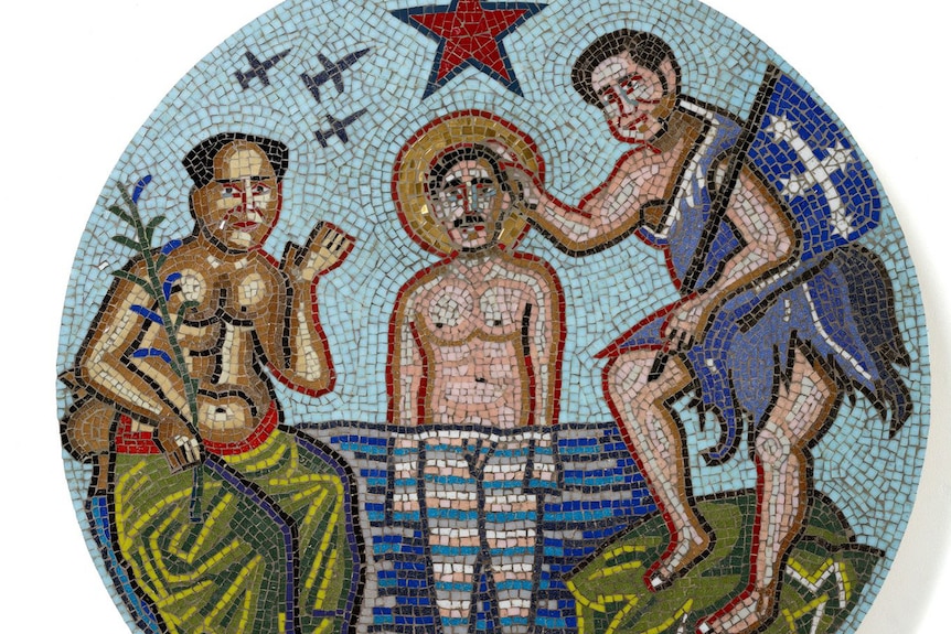 a mosaic featuring a topless man being baptised by another man