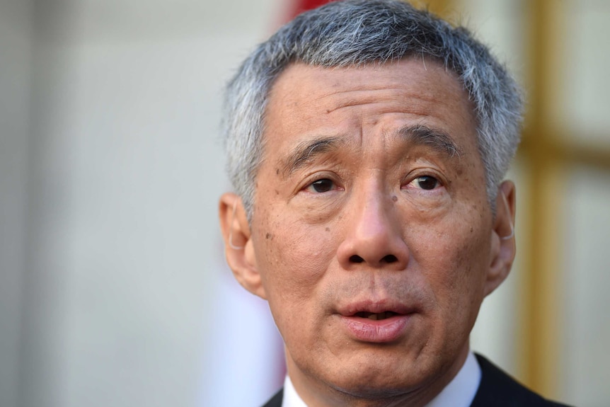 A close-up on Lee Hsien Loong's face shows him raising his eyebrows slightly.