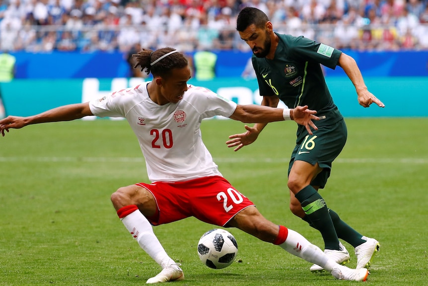 Socceroos defender Aziz Behich in action against Denmark at the 2018 World Cup in Russia