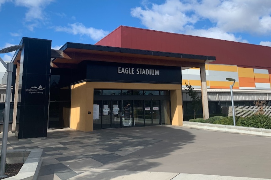 The front door and sign of the Eagle Stadium at Werribee.