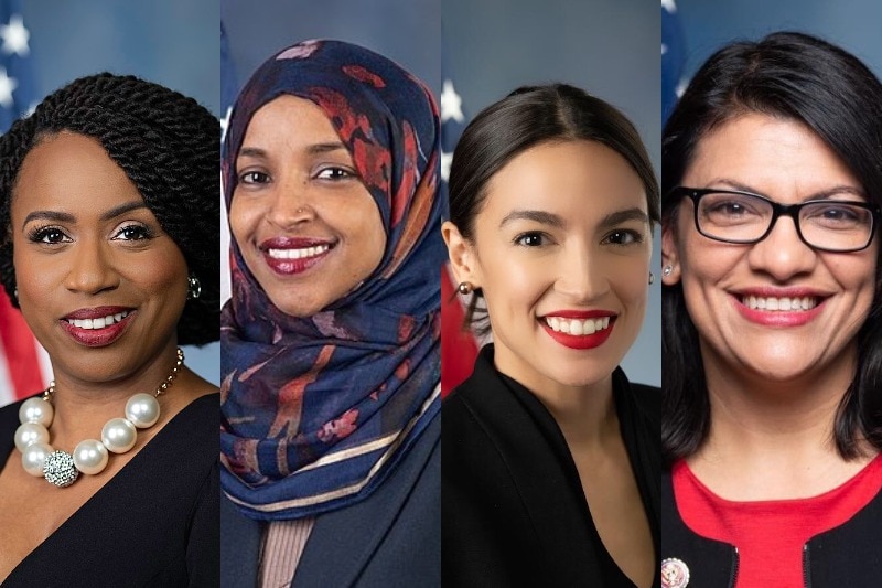 A composite image of Ayanna Pressley, Ilhan Omar, Alexandria Ocasio-Cortez, and Rashina Tlaib in front of US flags.