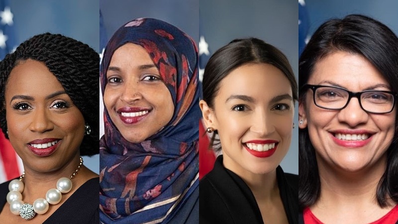 A composite image of Ayanna Pressley, Ilhan Omar, Alexandria Ocasio-Cortez, and Rashida Tlaib in front of US flags.