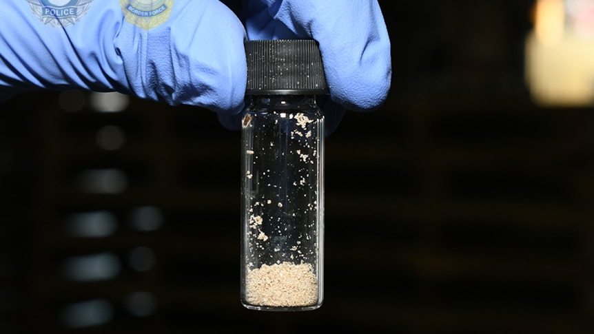 A gloved hand holds a tube filled with a grainy substance that is the drug fentanyl