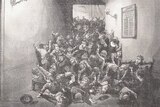 Newspaper clipping shows a black and white illustration of children piled on top of each other in a hallway