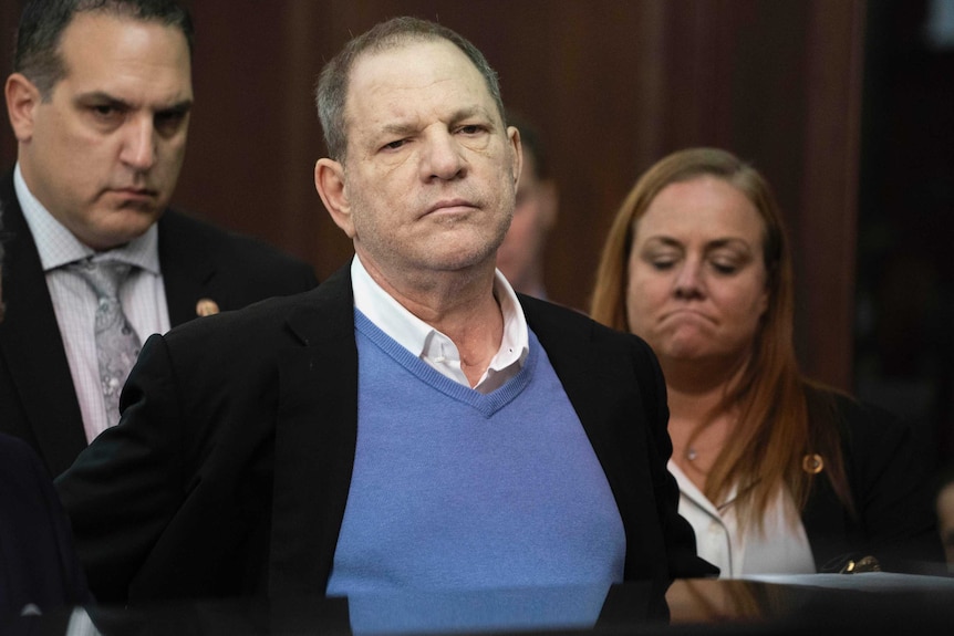 Harvey Weinstein listens during a court proceeding in New York.