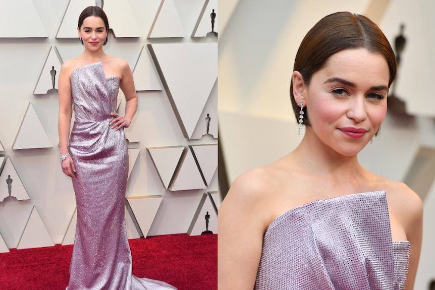 Emilia Clarke wears a long sparkling pink gown at the Oscars.