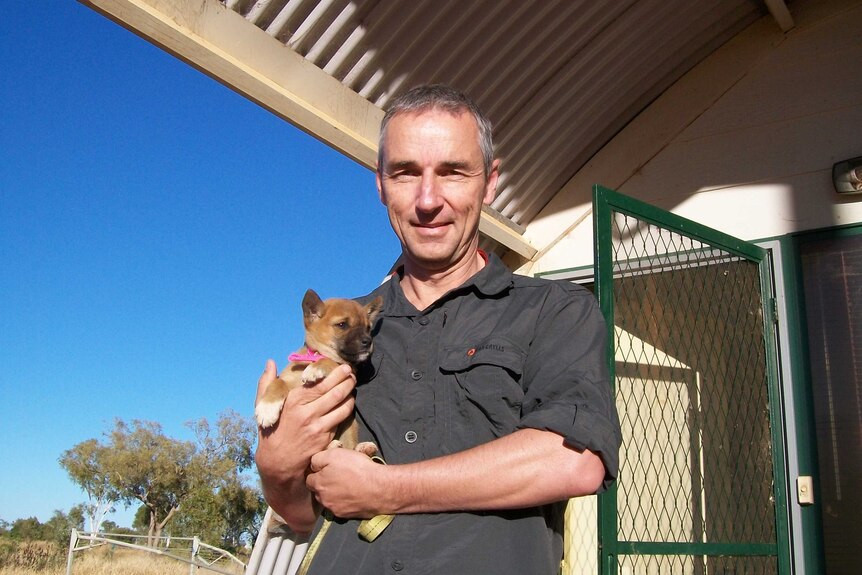 Canberra vet Dr Michael Archinal holding a puppy in the Northern Territory.