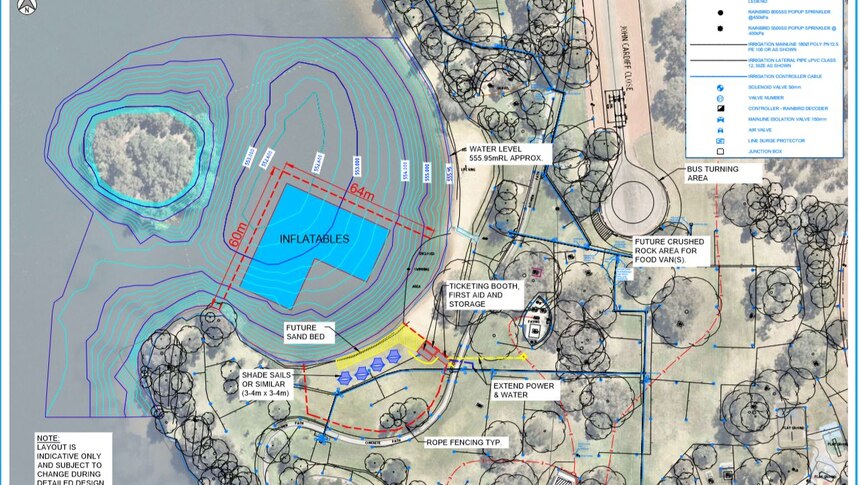 A site map of a proposed inflatable aqua park off Black Mountain Peninsula in Canberra.