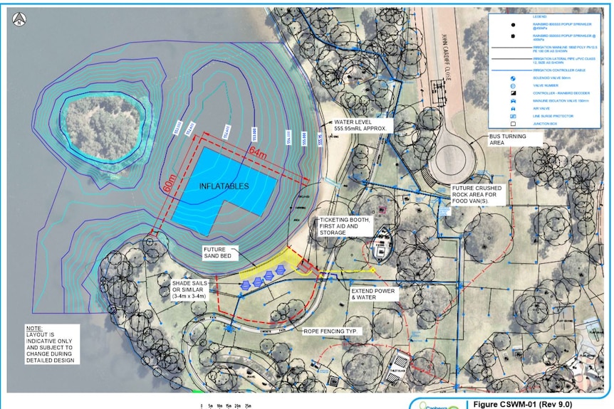 A site map of a proposed inflatable aqua park off Black Mountain Peninsula in Canberra.