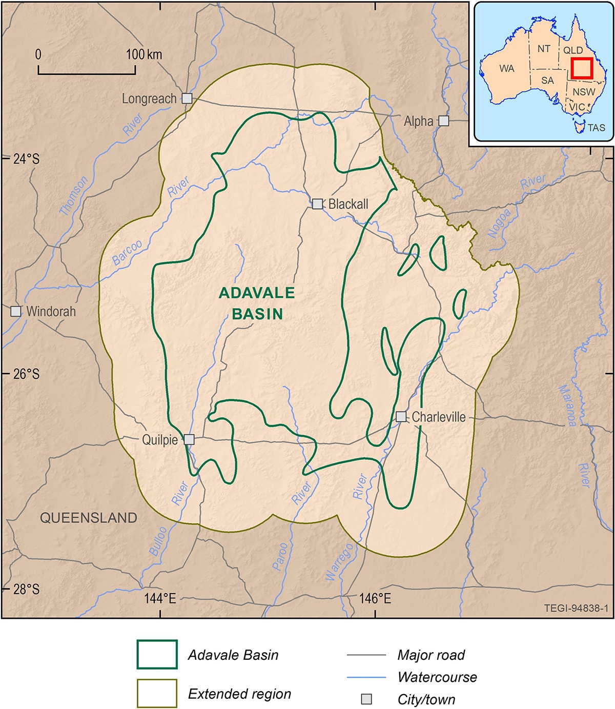A map showing western Queensland with the outline of the Adavale Basin.