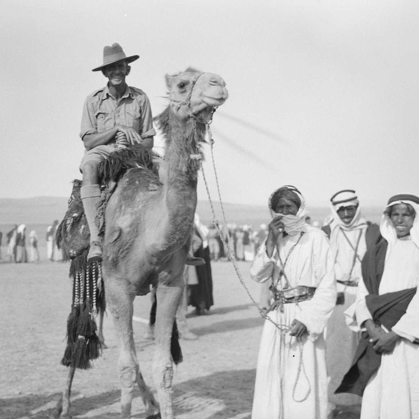 A soldier astride a camel at a race meeting near Beersheba in Palestine.