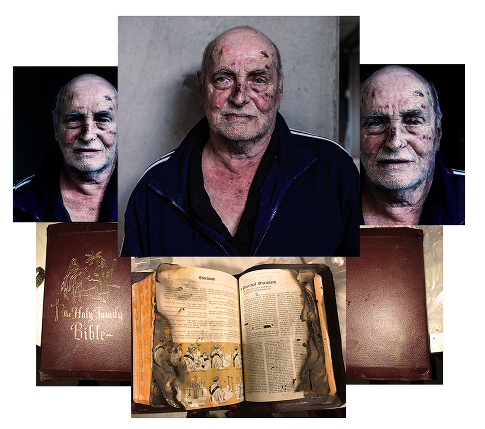 Images showing Gavin Wilson with a bruised and bloodied face, as well as images of a burnt Bible.