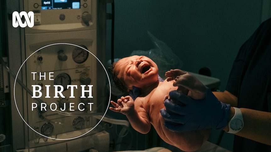 Baby crying after being born with "The Birth Project" written next to it